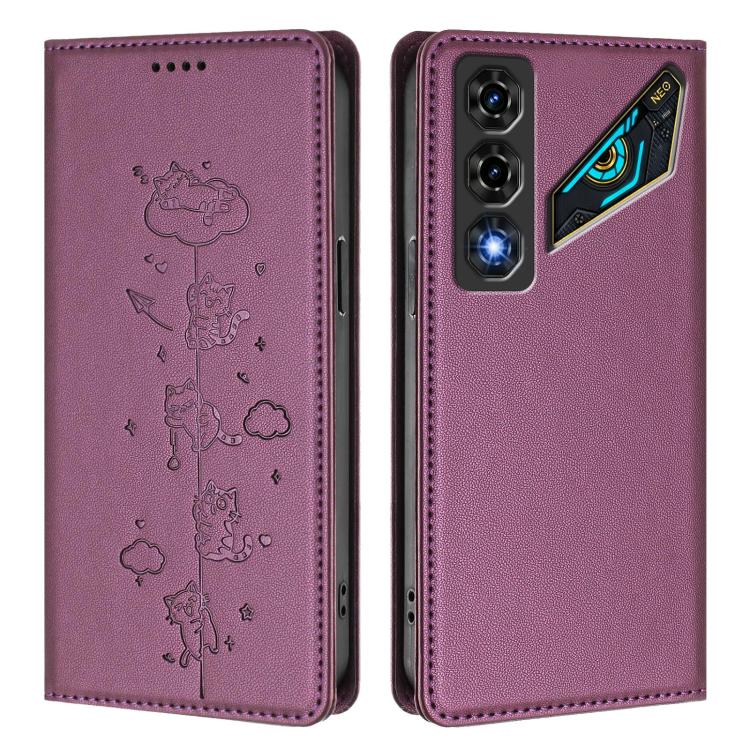 For ZTE nubia Neo 5 5G Cute Cats Embossed Magnetic RFID Vegan Leather Phone Case