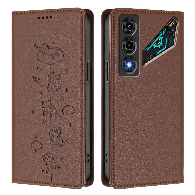For ZTE nubia Neo 5 5G Cute Cats Embossed Magnetic RFID Vegan Leather Phone Case