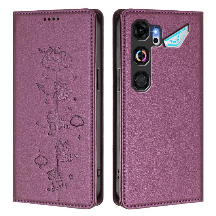 For ZTE nubia Neo 5 GT 5G Cute Cats Embossed Magnetic RFID Vegan Leather Phone Case