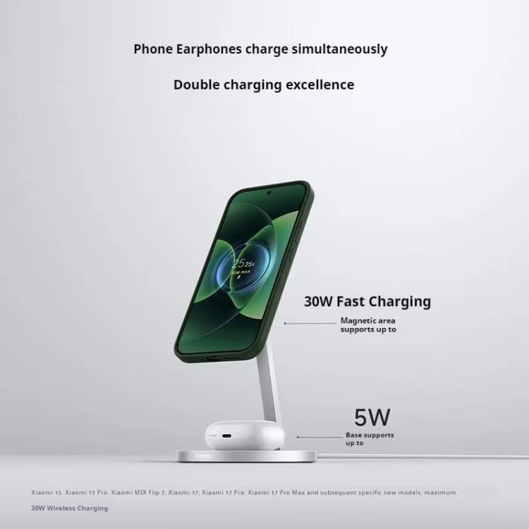 Original Xiaomi 30W 2 in 1 Magnetic Wireless Charger for Mobile Phones and Earphones - Silver White