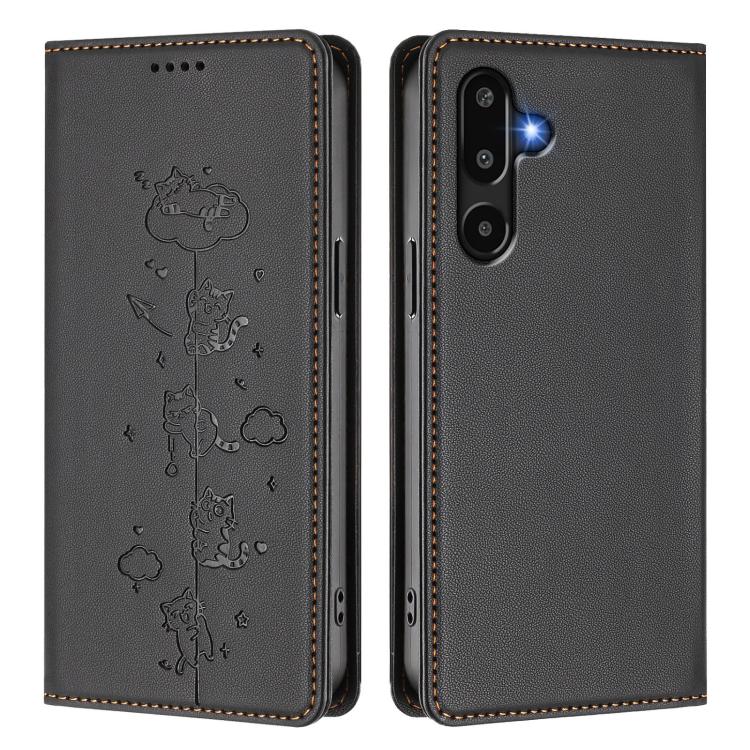 For Samsung Galaxy M16 5G / F16 5G Cute Cats Embossed Magnetic RFID Vegan Leather Phone Case