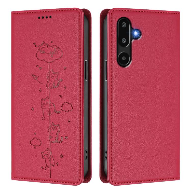 For Samsung Galaxy M16 5G / F16 5G Cute Cats Embossed Magnetic RFID Vegan Leather Phone Case