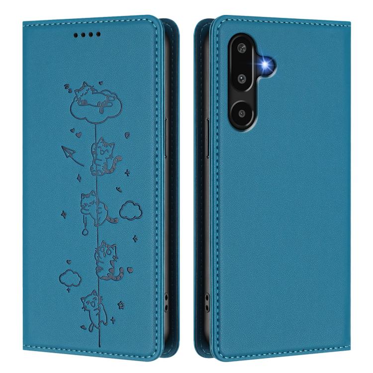 For Samsung Galaxy M16 5G / F16 5G Cute Cats Embossed Magnetic RFID Vegan Leather Phone Case