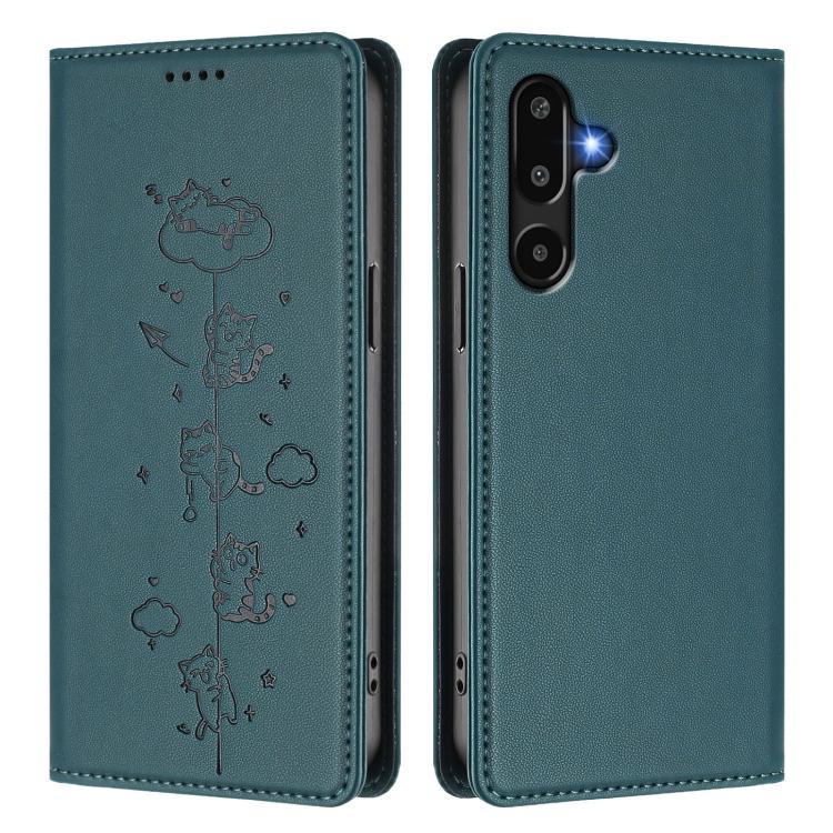 For Samsung Galaxy M16 5G / F16 5G Cute Cats Embossed Magnetic RFID Vegan Leather Phone Case