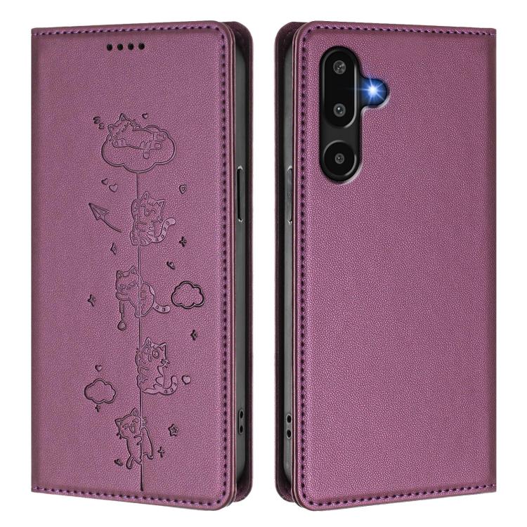 For Samsung Galaxy M16 5G / F16 5G Cute Cats Embossed Magnetic RFID Vegan Leather Phone Case