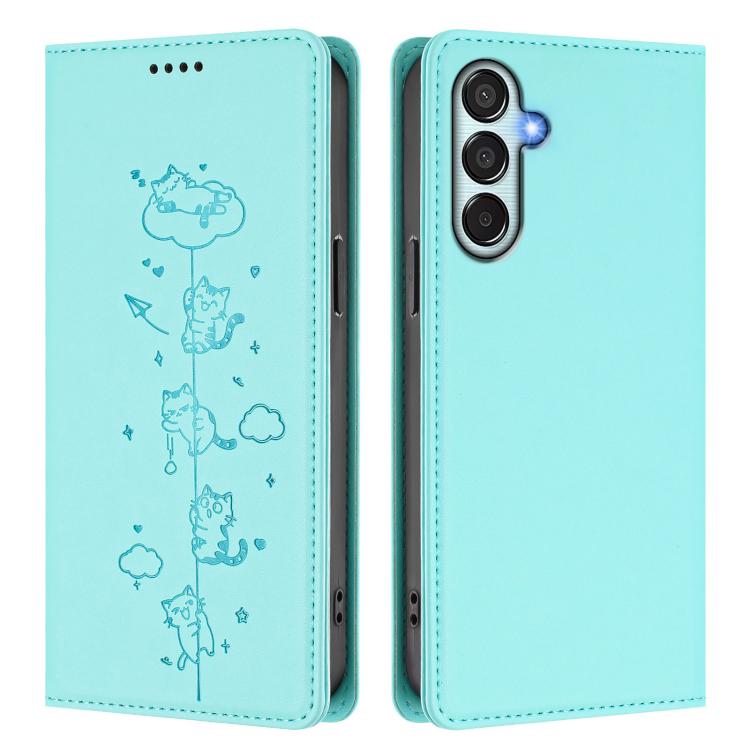 For Samsung Galaxy M15 5G / F15 5G Cute Cats Embossed Magnetic RFID Vegan Leather Phone Case