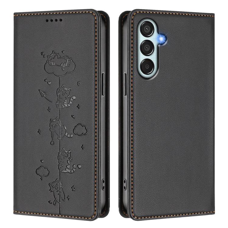 For Samsung Galaxy M34 5G / F34 5G Cute Cats Embossed Magnetic RFID Vegan Leather Phone Case