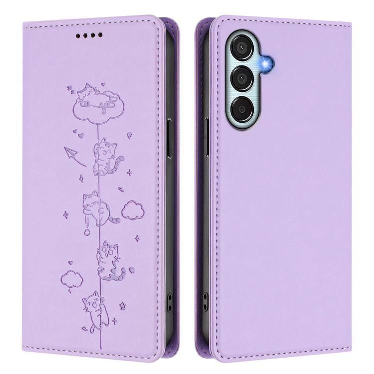 For Samsung Galaxy M34 5G / F34 5G Cute Cats Embossed Magnetic RFID Vegan Leather Phone Case