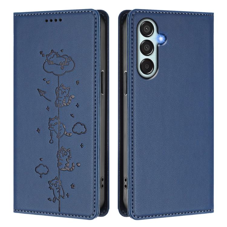For Samsung Galaxy M34 5G / F34 5G Cute Cats Embossed Magnetic RFID Vegan Leather Phone Case