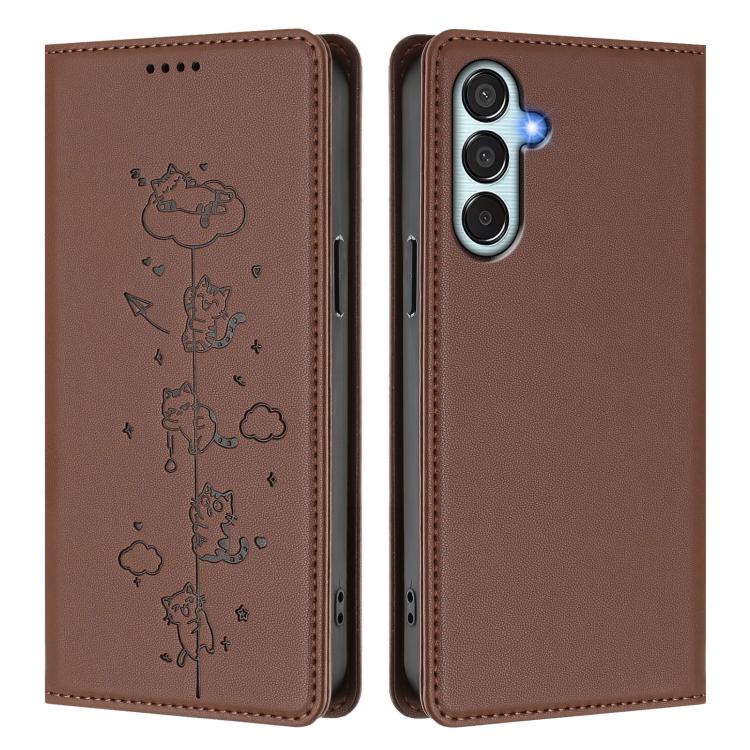 For Samsung Galaxy M34 5G / F34 5G Cute Cats Embossed Magnetic RFID Vegan Leather Phone Case