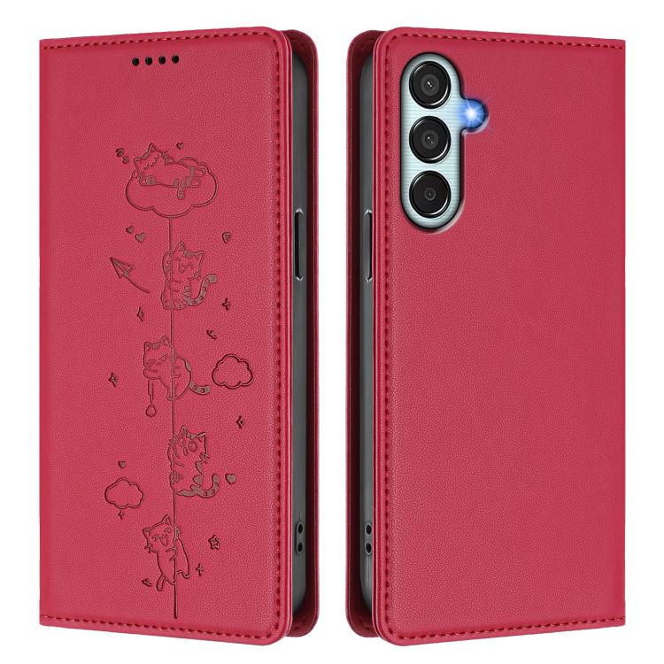 For Samsung Galaxy M35 5G Cute Cats Embossed Magnetic RFID Vegan Leather Phone Case