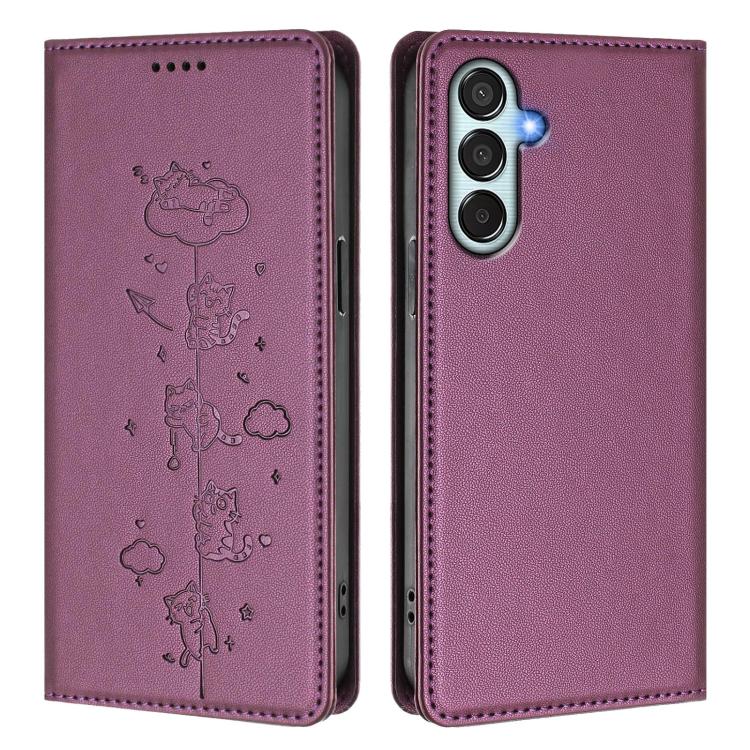 For Samsung Galaxy M35 5G Cute Cats Embossed Magnetic RFID Vegan Leather Phone Case