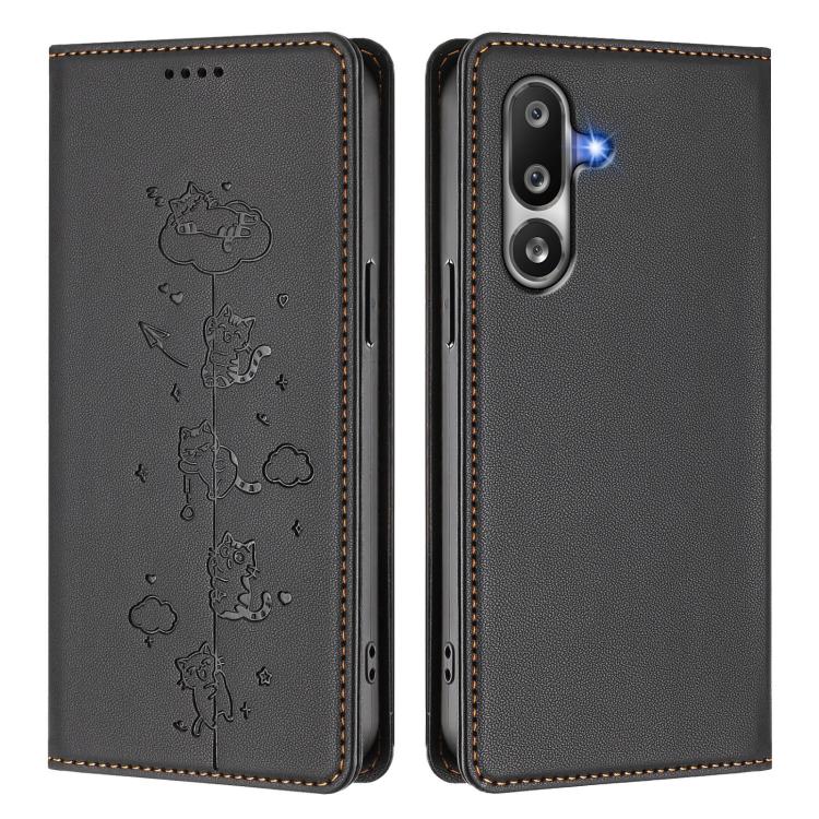 For Samsung Galaxy M36 5G Cute Cats Embossed Magnetic RFID Vegan Leather Phone Case