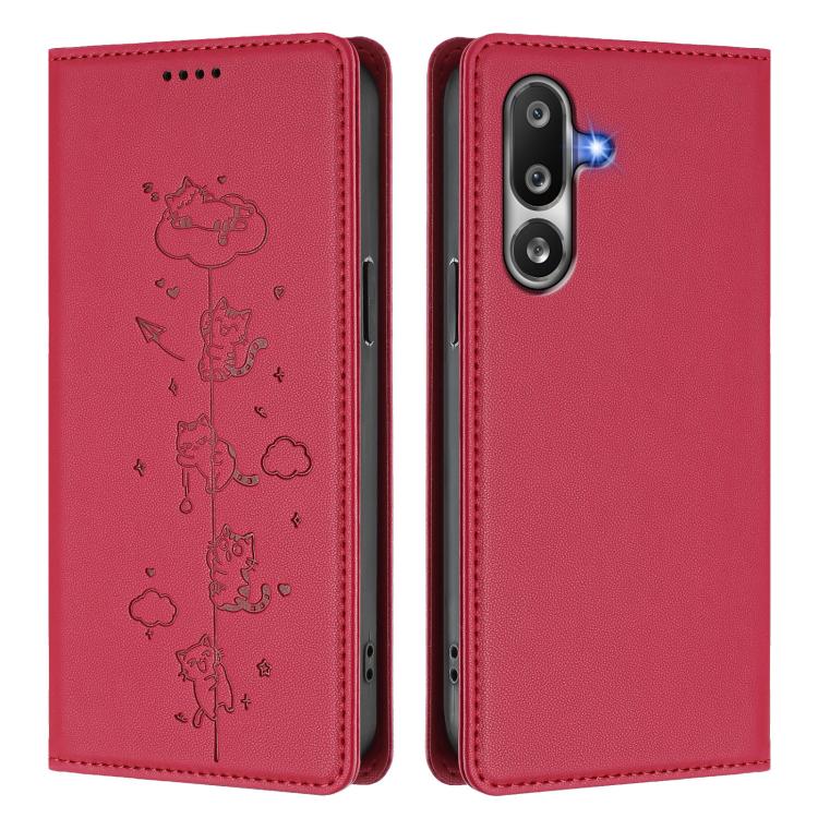 For Samsung Galaxy M36 5G Cute Cats Embossed Magnetic RFID Vegan Leather Phone Case