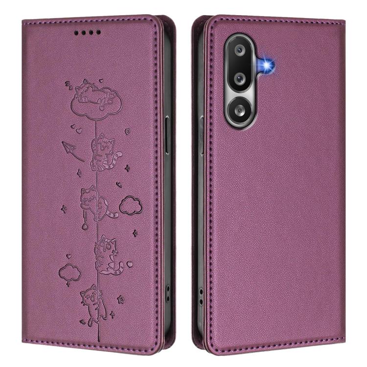 For Samsung Galaxy M36 5G Cute Cats Embossed Magnetic RFID Vegan Leather Phone Case
