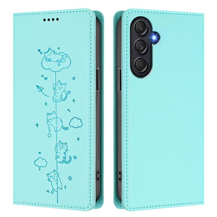 For Samsung Galaxy M54 5G / F54 5G Cute Cats Embossed Magnetic RFID Vegan Leather Phone Case