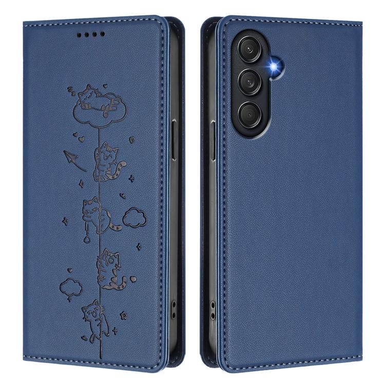 For Samsung Galaxy M54 5G / F54 5G Cute Cats Embossed Magnetic RFID Vegan Leather Phone Case