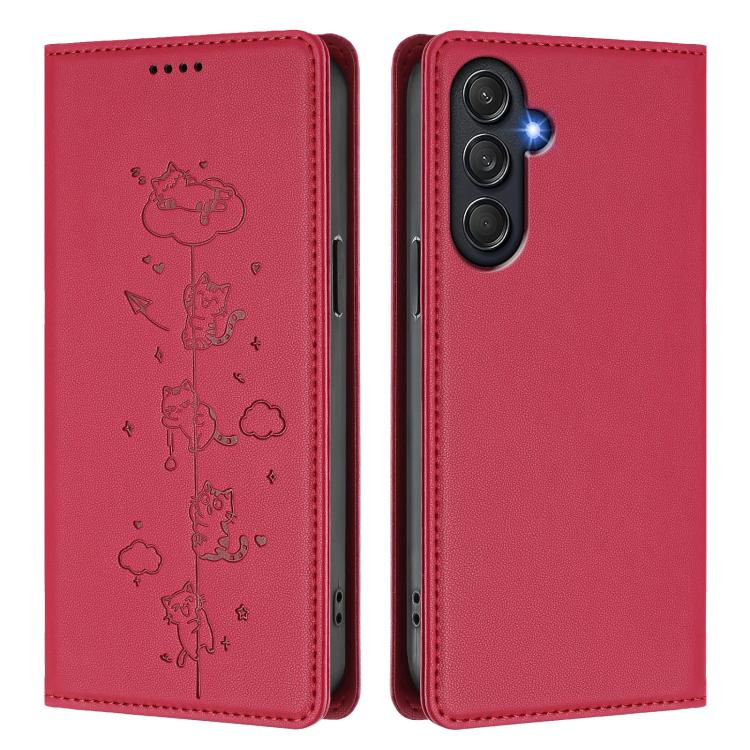 For Samsung Galaxy M55 5G / C55 5G Cute Cats Embossed Magnetic RFID Vegan Leather Phone Case