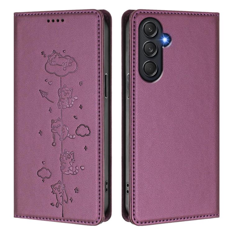 For Samsung Galaxy M55 5G / C55 5G Cute Cats Embossed Magnetic RFID Vegan Leather Phone Case
