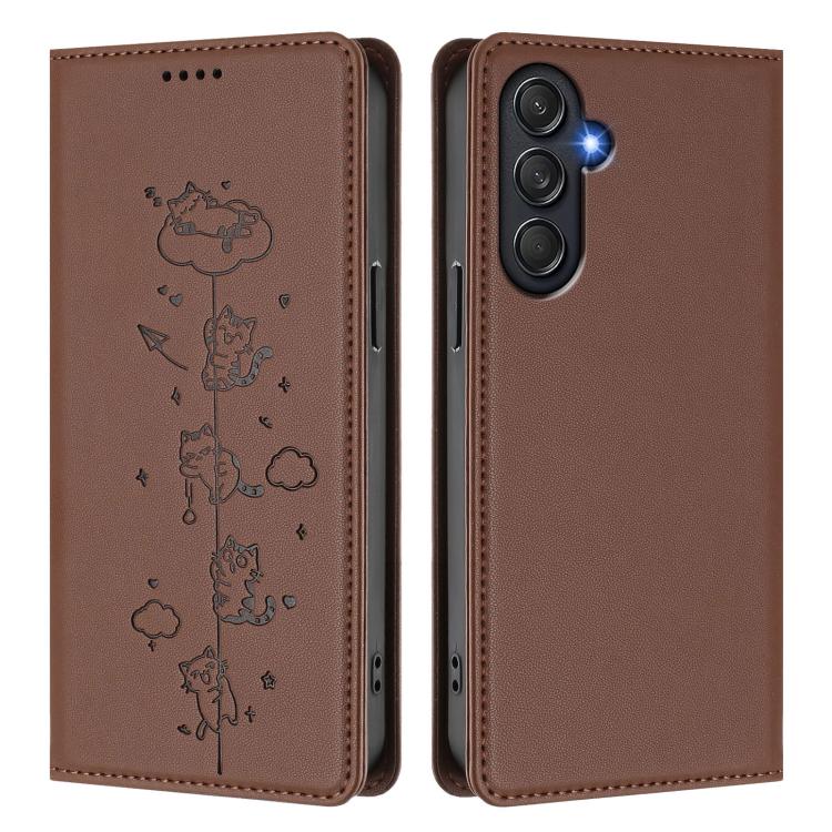 For Samsung Galaxy M55 5G / C55 5G Cute Cats Embossed Magnetic RFID Vegan Leather Phone Case