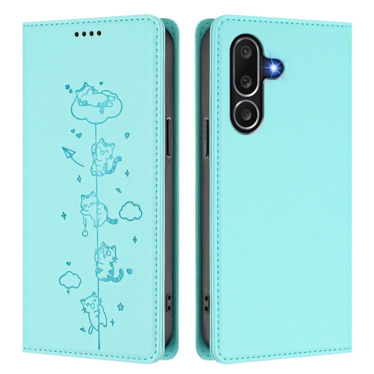 For Samsung Galaxy M56 5G Cute Cats Embossed Magnetic RFID Vegan Leather Phone Case