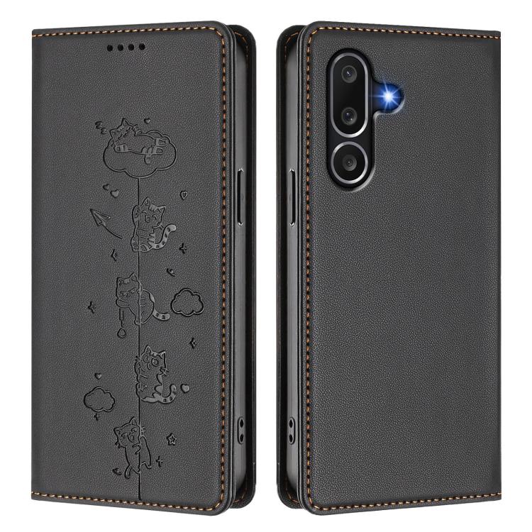For Samsung Galaxy M56 5G Cute Cats Embossed Magnetic RFID Vegan Leather Phone Case