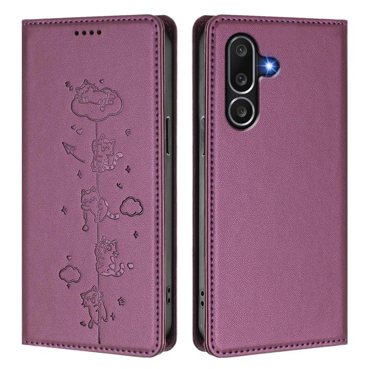 For Samsung Galaxy M56 5G Cute Cats Embossed Magnetic RFID Vegan Leather Phone Case