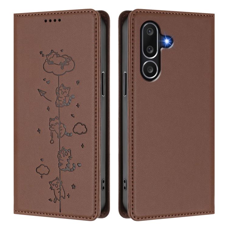 For Samsung Galaxy M56 5G Cute Cats Embossed Magnetic RFID Vegan Leather Phone Case