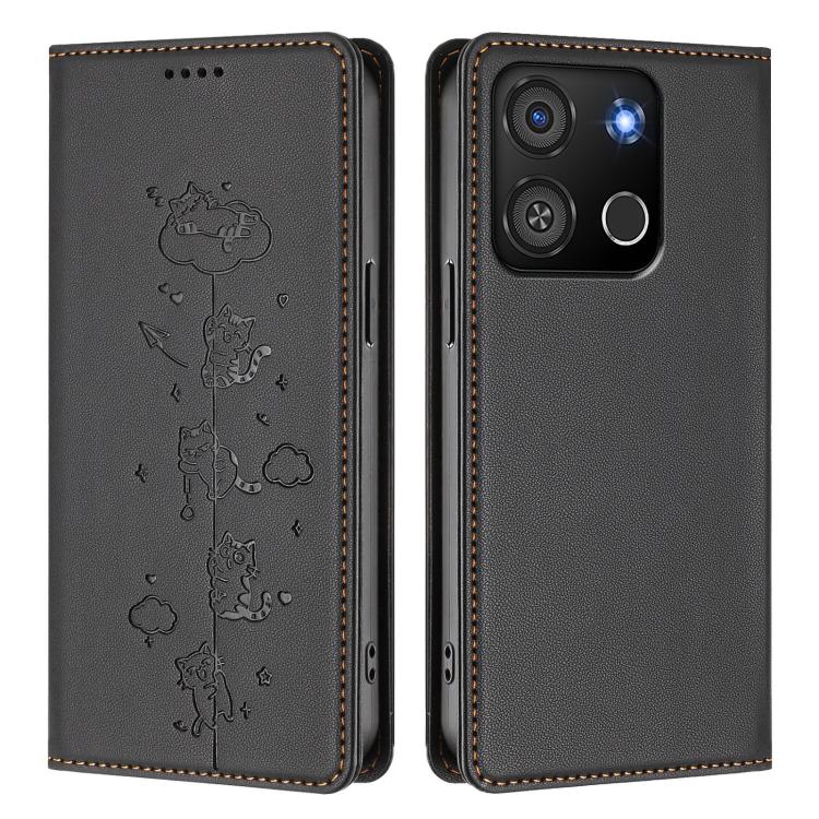For itel A05s Cute Cats Embossed Magnetic RFID Vegan Leather Phone Case