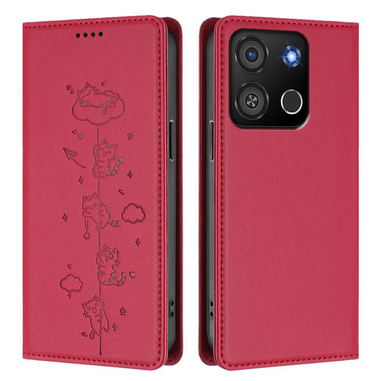 For itel A05s Cute Cats Embossed Magnetic RFID Vegan Leather Phone Case