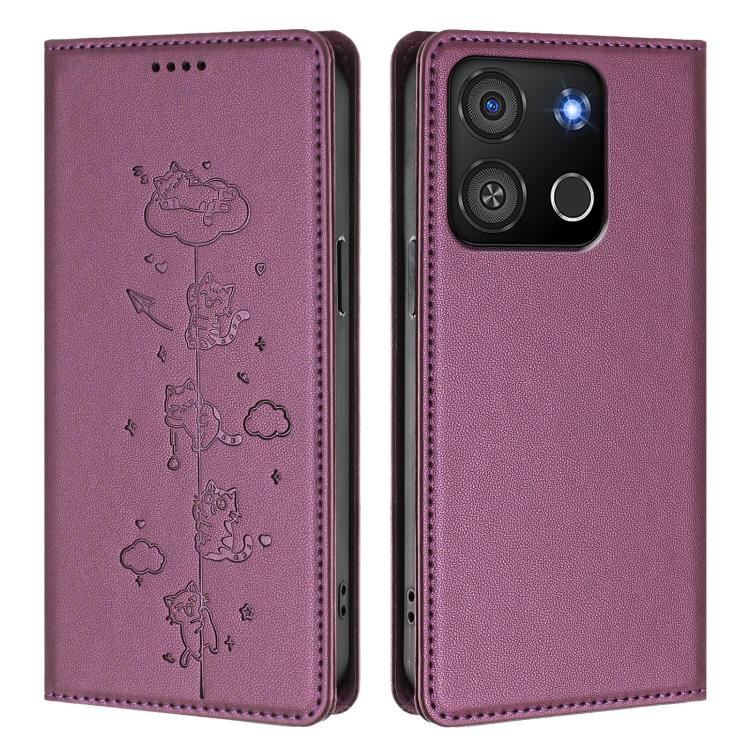 For itel A05s Cute Cats Embossed Magnetic RFID Vegan Leather Phone Case