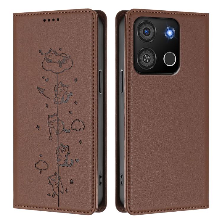 For itel A05s Cute Cats Embossed Magnetic RFID Vegan Leather Phone Case