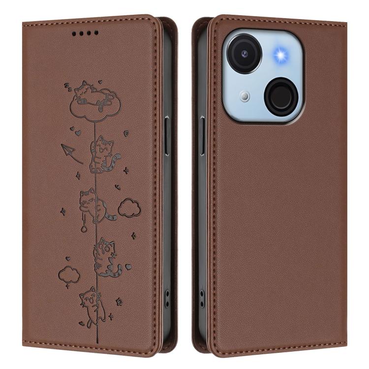 For itel A50C Cute Cats Embossed Magnetic RFID Vegan Leather Phone Case