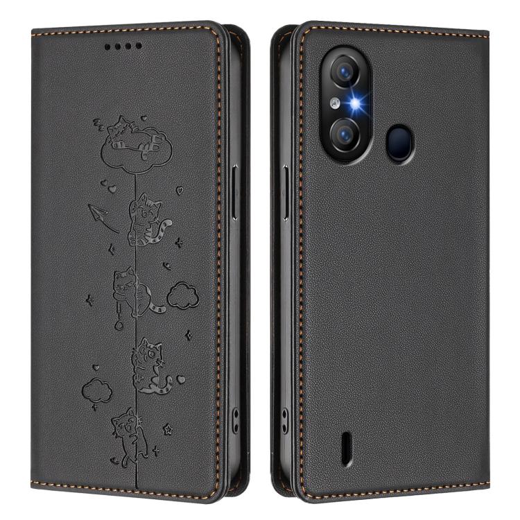 For itel A58 Lite / A49 Play Cute Cats Embossed Magnetic RFID Vegan Leather Phone Case