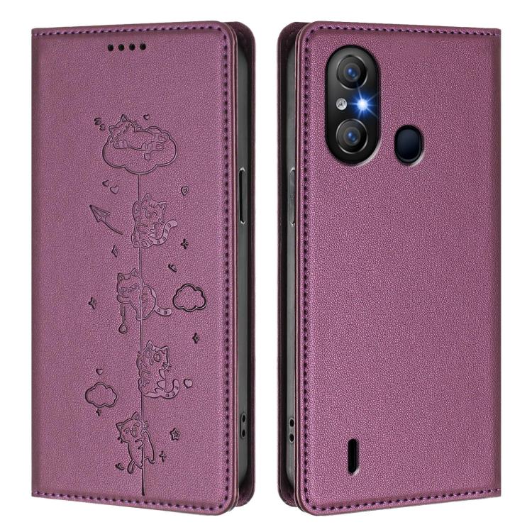For itel A58 Lite / A49 Play Cute Cats Embossed Magnetic RFID Vegan Leather Phone Case