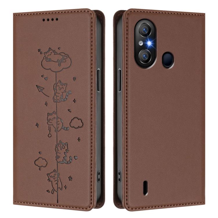 For itel A58 Lite / A49 Play Cute Cats Embossed Magnetic RFID Vegan Leather Phone Case