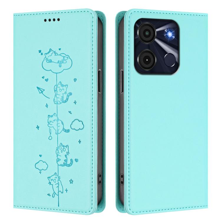 For itel A60 / A60s Cute Cats Embossed Magnetic RFID Vegan Leather Phone Case