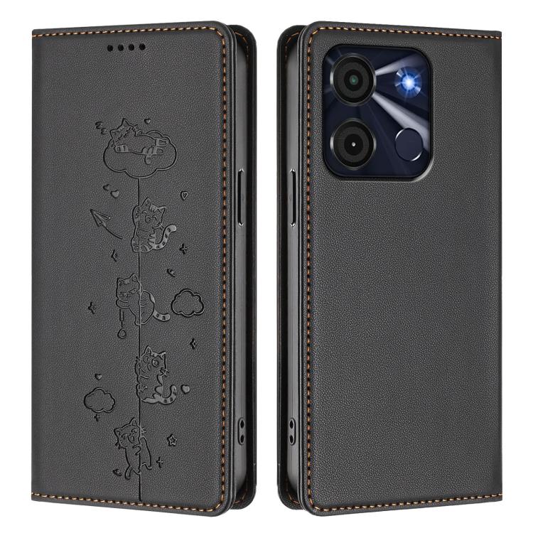 For itel A60 / A60s Cute Cats Embossed Magnetic RFID Vegan Leather Phone Case
