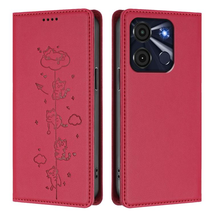 For itel A60 / A60s Cute Cats Embossed Magnetic RFID Vegan Leather Phone Case