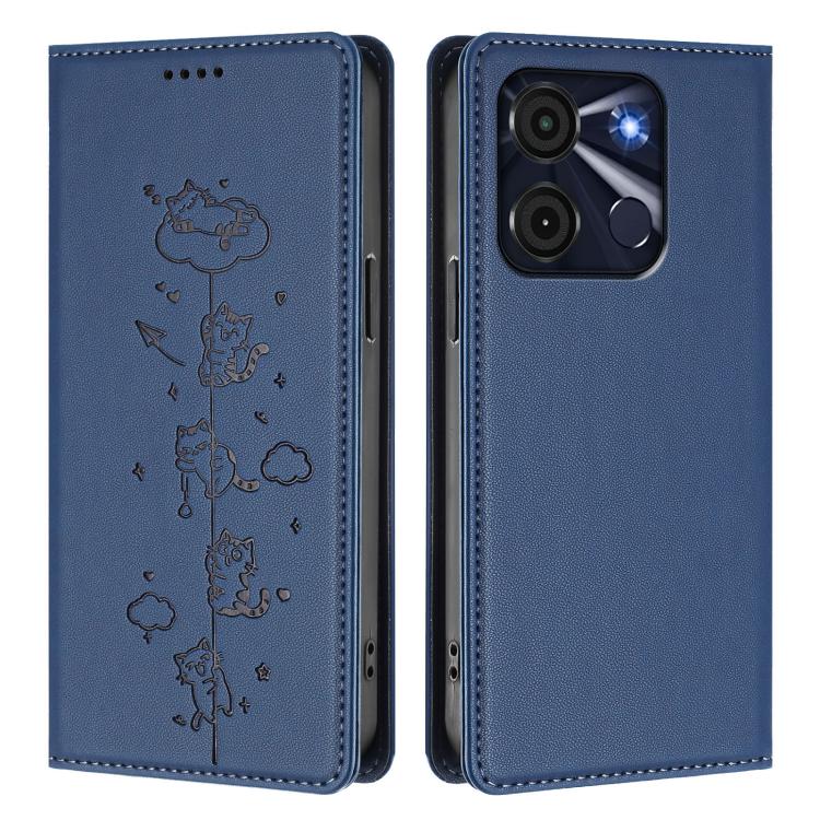 For itel A60 / A60s Cute Cats Embossed Magnetic RFID Vegan Leather Phone Case