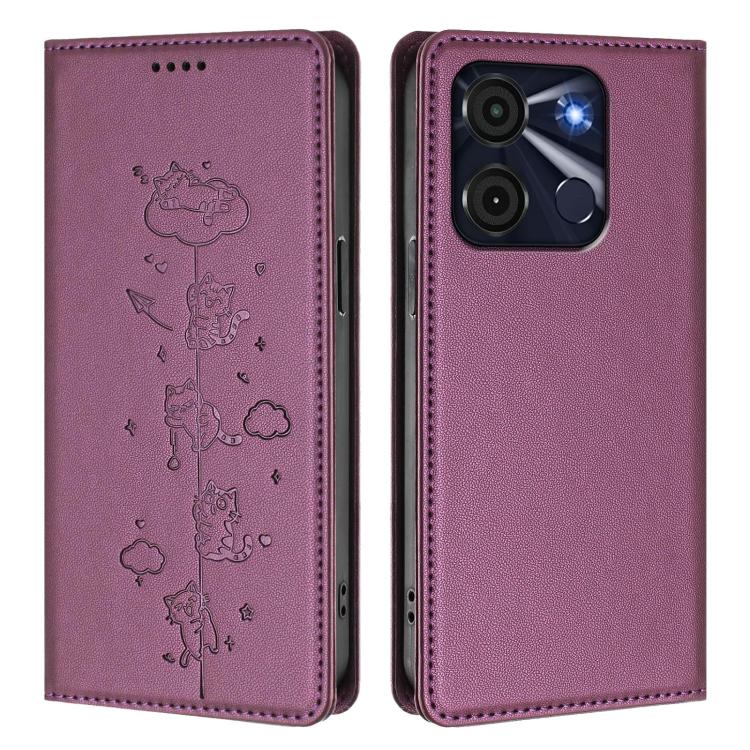 For itel A60 / A60s Cute Cats Embossed Magnetic RFID Vegan Leather Phone Case