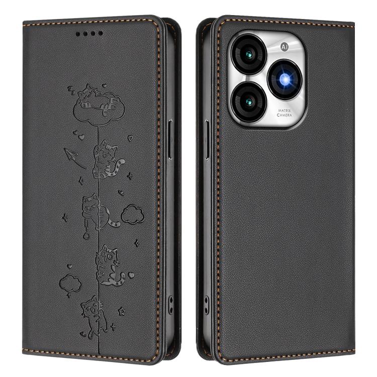 For itel A70 Cute Cats Embossed Magnetic RFID Vegan Leather Phone Case