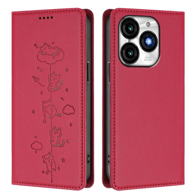 For itel A70 Cute Cats Embossed Magnetic RFID Vegan Leather Phone Case