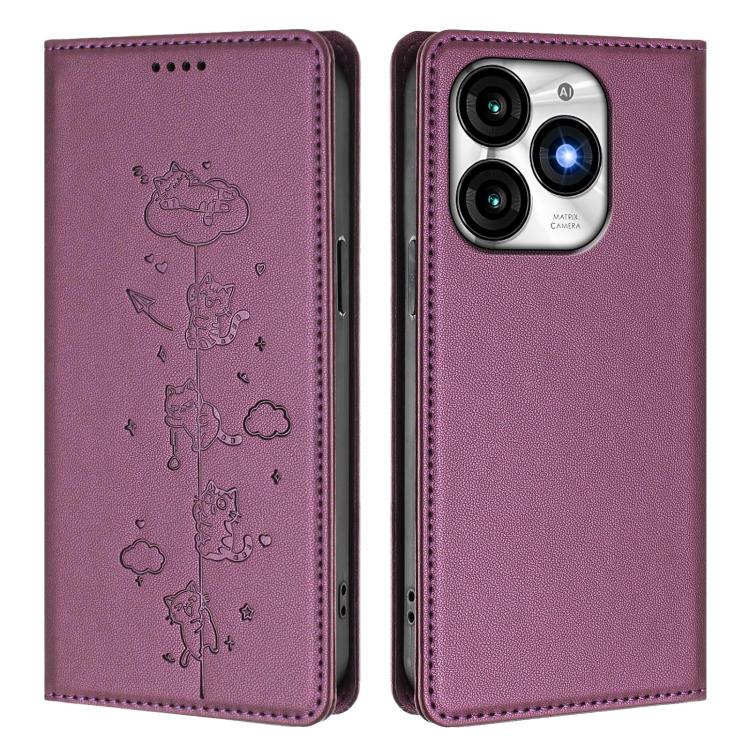 For itel A70 Cute Cats Embossed Magnetic RFID Vegan Leather Phone Case