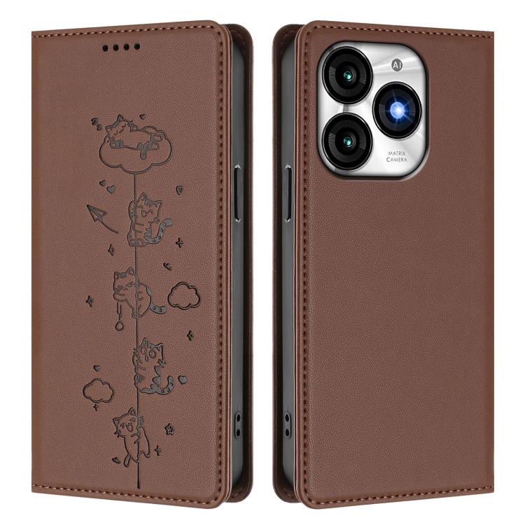 For itel A70 Cute Cats Embossed Magnetic RFID Vegan Leather Phone Case
