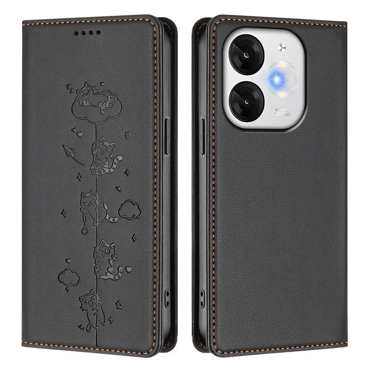 For itel A80 4G Cute Cats Embossed Magnetic RFID Vegan Leather Phone Case
