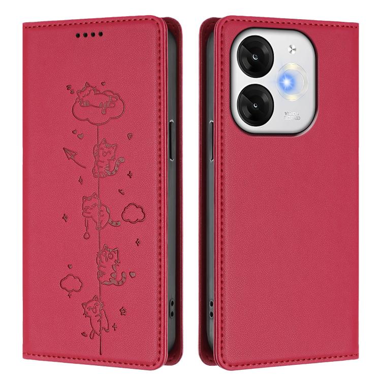 For itel A80 4G Cute Cats Embossed Magnetic RFID Vegan Leather Phone Case