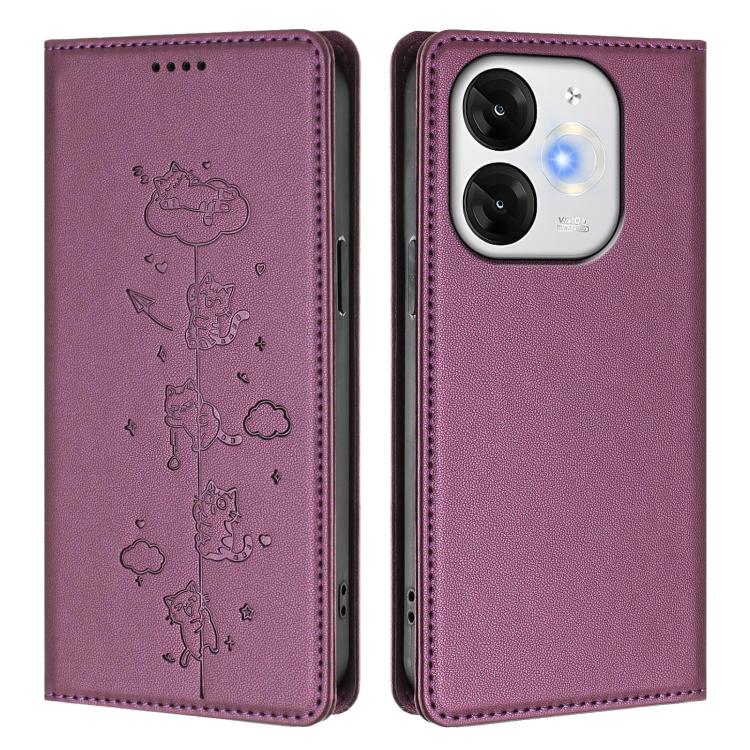 For itel A80 4G Cute Cats Embossed Magnetic RFID Vegan Leather Phone Case