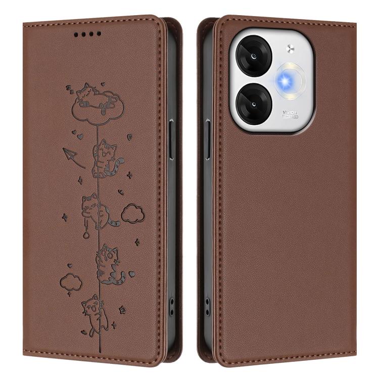 For itel A80 4G Cute Cats Embossed Magnetic RFID Vegan Leather Phone Case