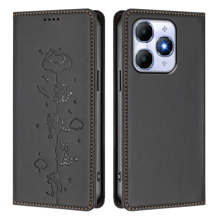 For itel A90 4G Cute Cats Embossed Magnetic RFID Vegan Leather Phone Case